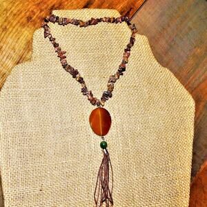 BoHo Agate Necklace with Amber & Green Bead Tassel